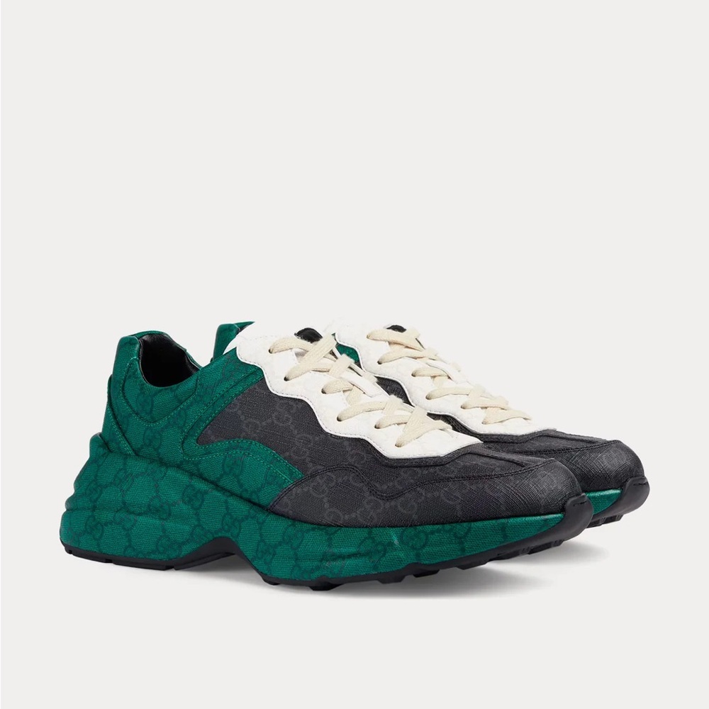 GUCCI MEN'S SHOES GREEN, BLACK & WHITE NYLON GG SUPREME RHYTON SNEAKERS - Picture 9 of 10